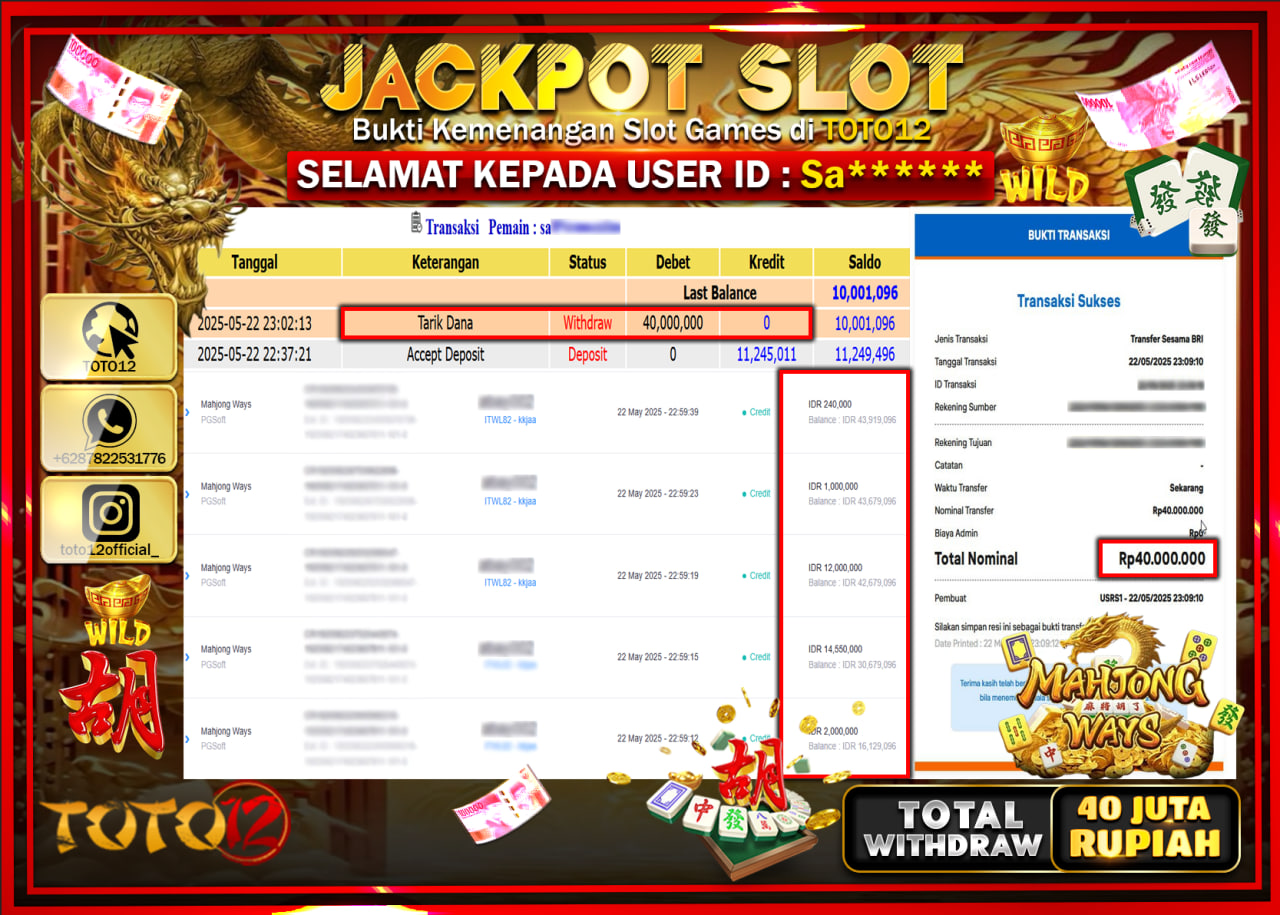 HANYA DI TOTO12 JP PASTI DI BAYAR LUNAS DAN CEPAT!!!!!! JACKPOT SLOT GAME (MAHJONG WAYS) Rp.40.000.000 !!!!