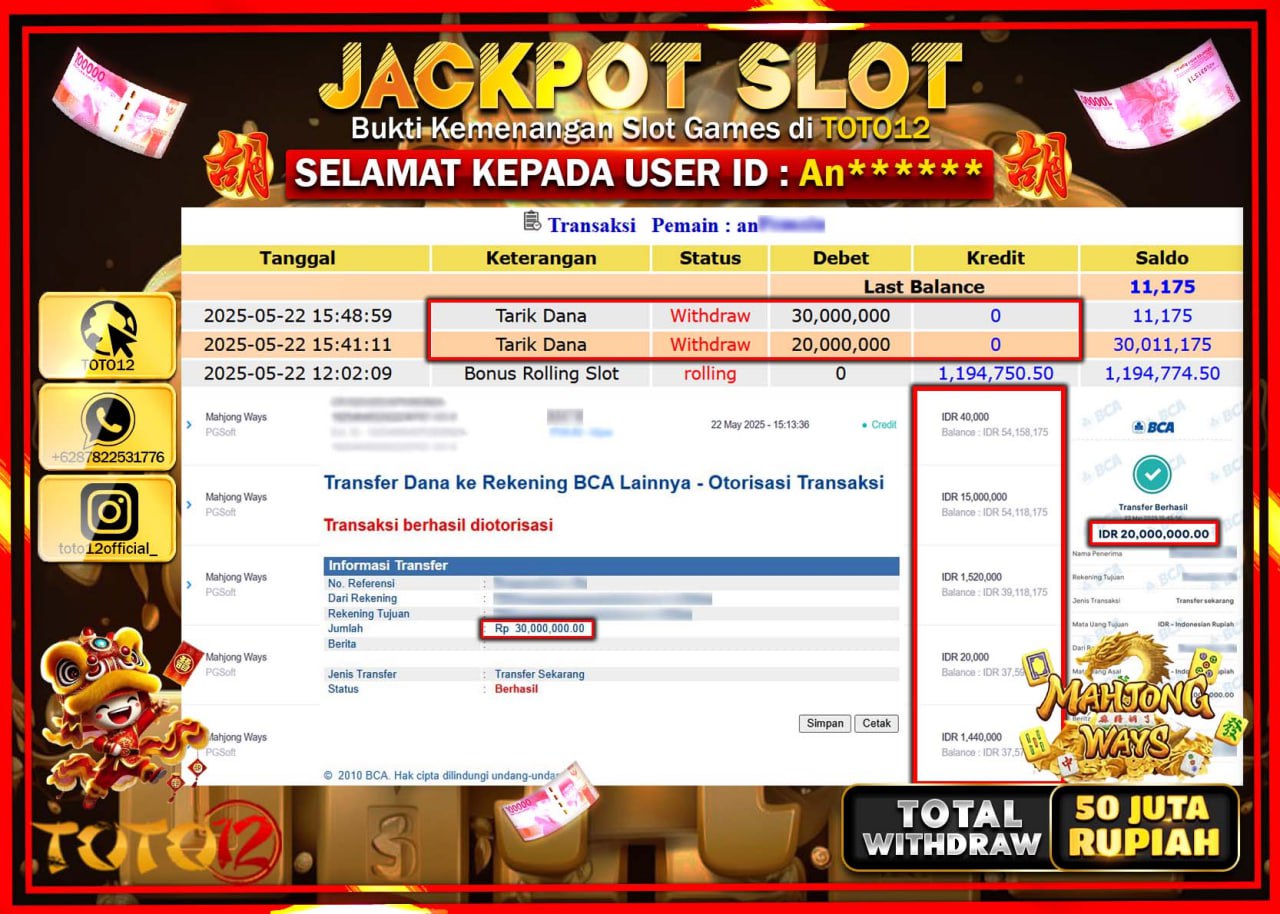 HANYA DI TOTO12 JP PASTI DI BAYAR LUNAS DAN CEPAT!!!!!! JACKPOT SLOT GAME (MAHJONG WAYS) Rp.50.000.000 !!!!