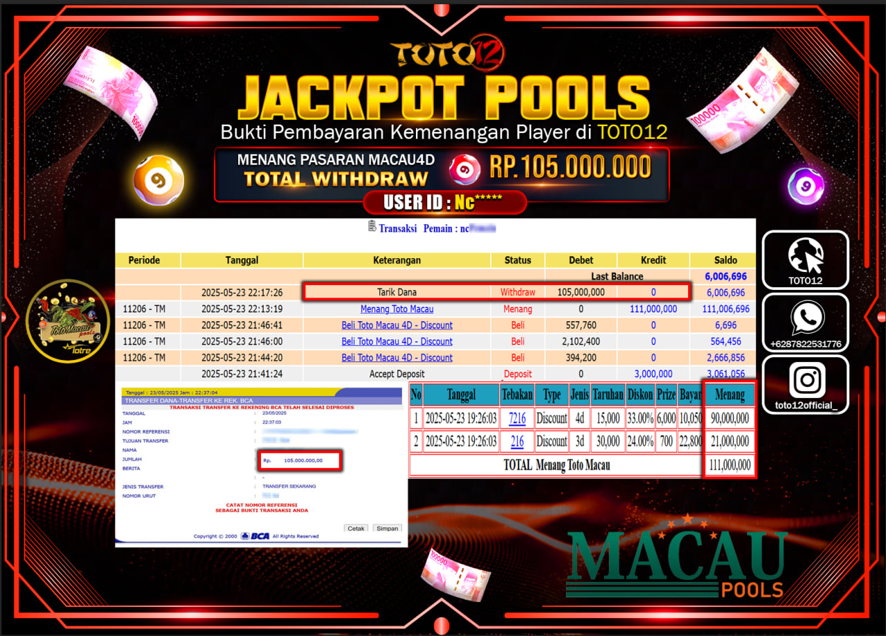 HANYA DI TOTO12 JP PASTI DI BAYAR LUNAS DAN CEPAT!!!!!! JACKPOT POOLS PASARAN (TOTO MACAU4D) Rp.105.000.000 !!!!