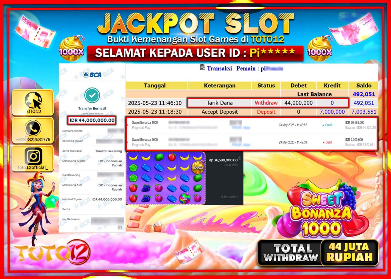 HANYA DI TOTO12 JP PASTI DI BAYAR LUNAS DAN CEPAT!!!!!! JACKPOT SLOT GAME (SWEET BONANZA 1000) Rp.44.000.000 !!!!