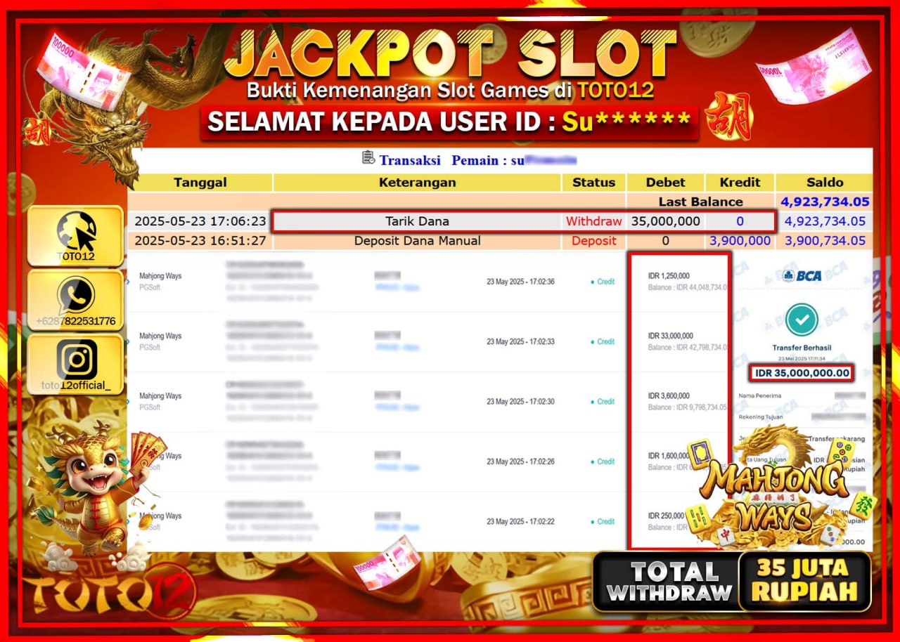 HANYA DI TOTO12 JP PASTI DI BAYAR LUNAS DAN CEPAT!!!!!! JACKPOT SLOT GAME (MAHJONG WAYS) Rp.35.000.000 !!!!