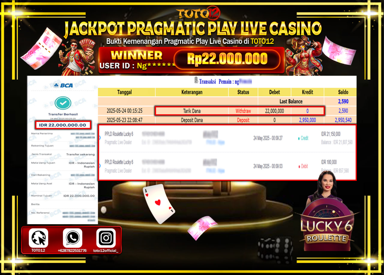 HANYA DI TOTO12 JP PASTI DI BAYAR LUNAS DAN CEPAT!!!!!! JACKPOT PRAGMATIC PLAY LIVE CASINO (ROULETTE LUCKY 6) Rp.22.000.000 !!!!
