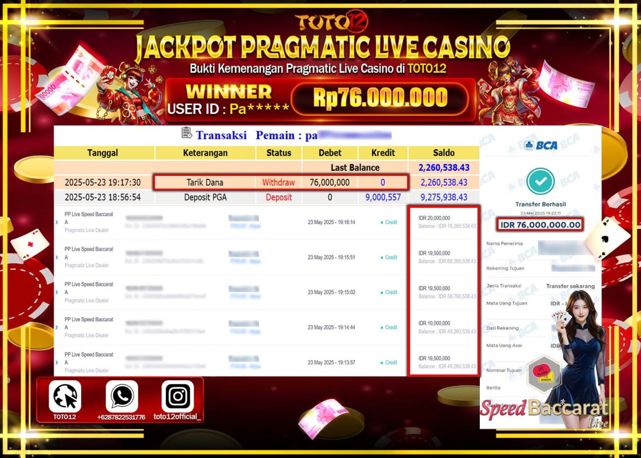 HANYA DI TOTO12 JP PASTI DI BAYAR LUNAS DAN CEPAT!!!!!! JACKPOT PRAGMATIC PLAY LIVE CASINO (SPEED BACCARAT) Rp.76.000.000 !!!!