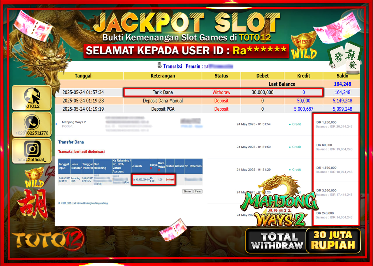 HANYA DI TOTO12 JP PASTI DI BAYAR LUNAS DAN CEPAT!!!!!! JACKPOT SLOT GAME (MAHJONG WAYS 2) Rp.30.000.000 !!!!