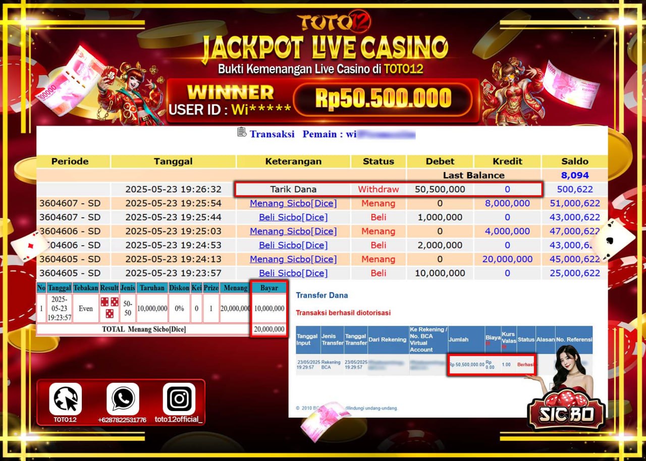HANYA DI TOTO12 JP PASTI DI BAYAR LUNAS DAN CEPAT!!!!!! JACKPOT LIVE GAMES CASINO (SICBO) Rp.50.500.000 !!!!