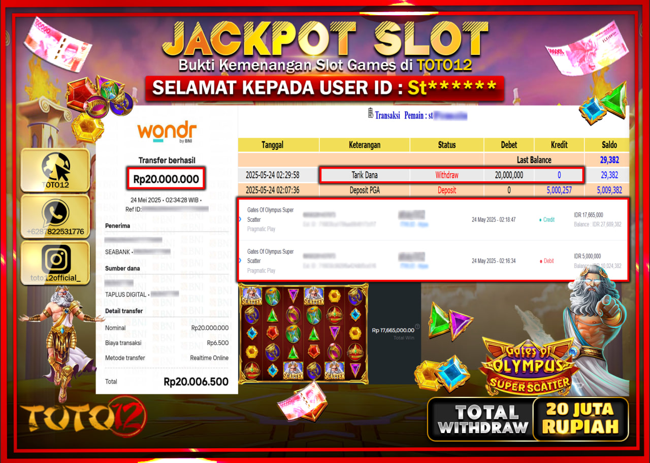 HANYA DI TOTO12 JP PASTI DI BAYAR LUNAS DAN CEPAT!!!!!! JACKPOT SLOT GAME (GATES OF OLYMPUS SUPER SCATTER) Rp.20.000.000 !!!!