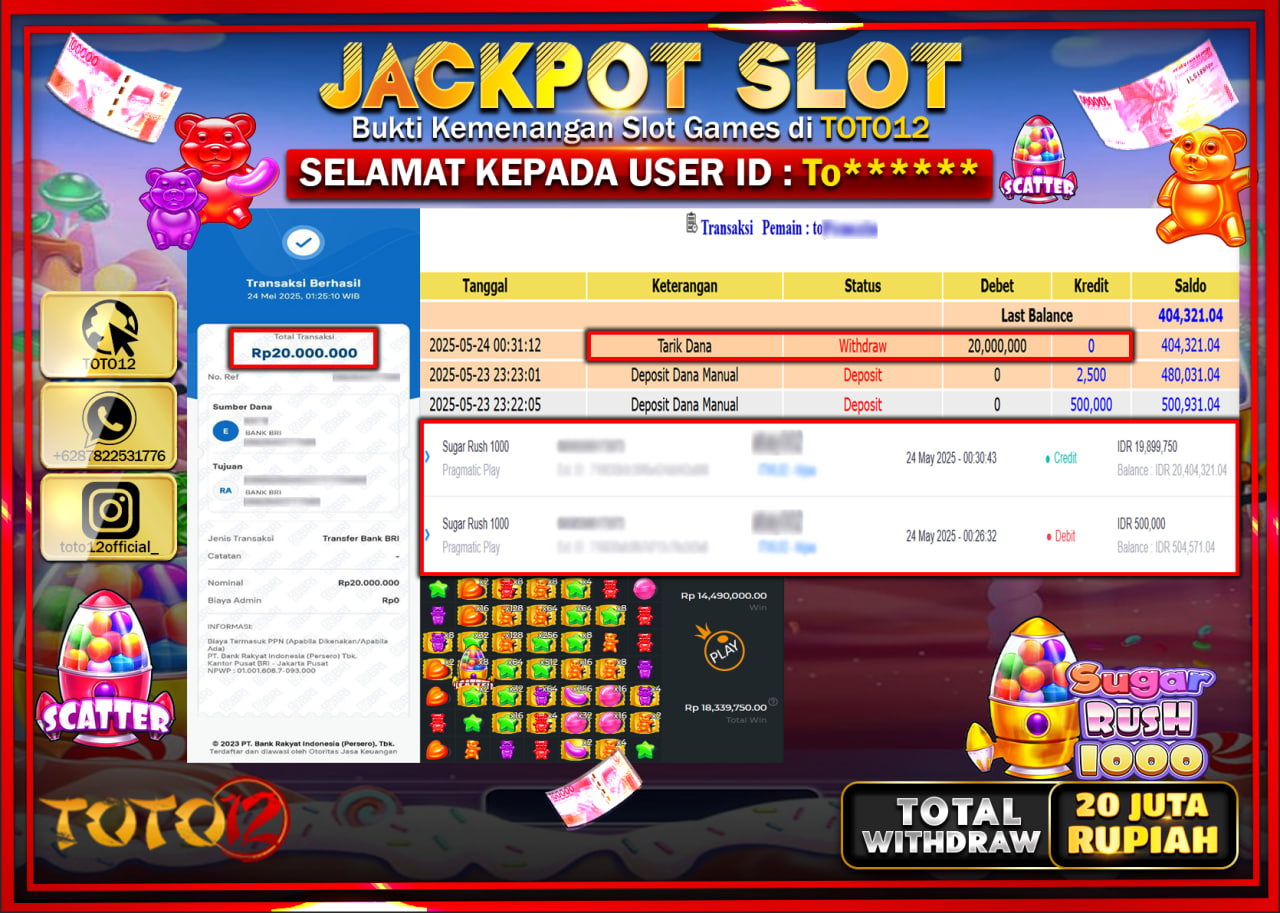 HANYA DI TOTO12 JP PASTI DI BAYAR LUNAS DAN CEPAT!!!!!! JACKPOT SLOT GAME (SUGAR RUSH 1000) Rp.20.000.000 !!!!