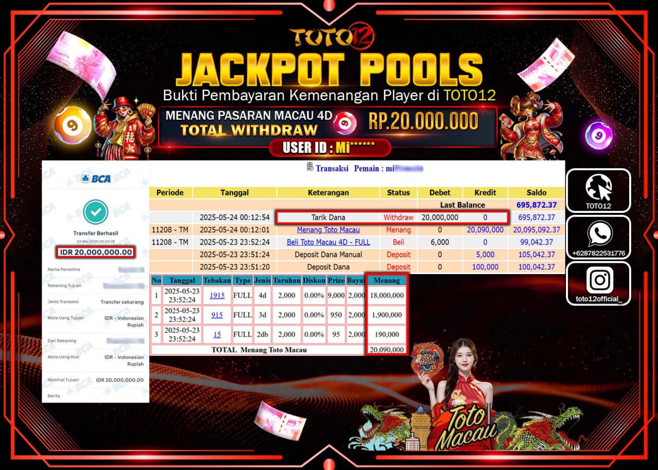 HANYA DI TOTO12 JP PASTI DI BAYAR LUNAS DAN CEPAT!!!!!! JACKPOT POOLS PASARAN (TOTO MACAU4D) Rp.20.000.000 !!!!