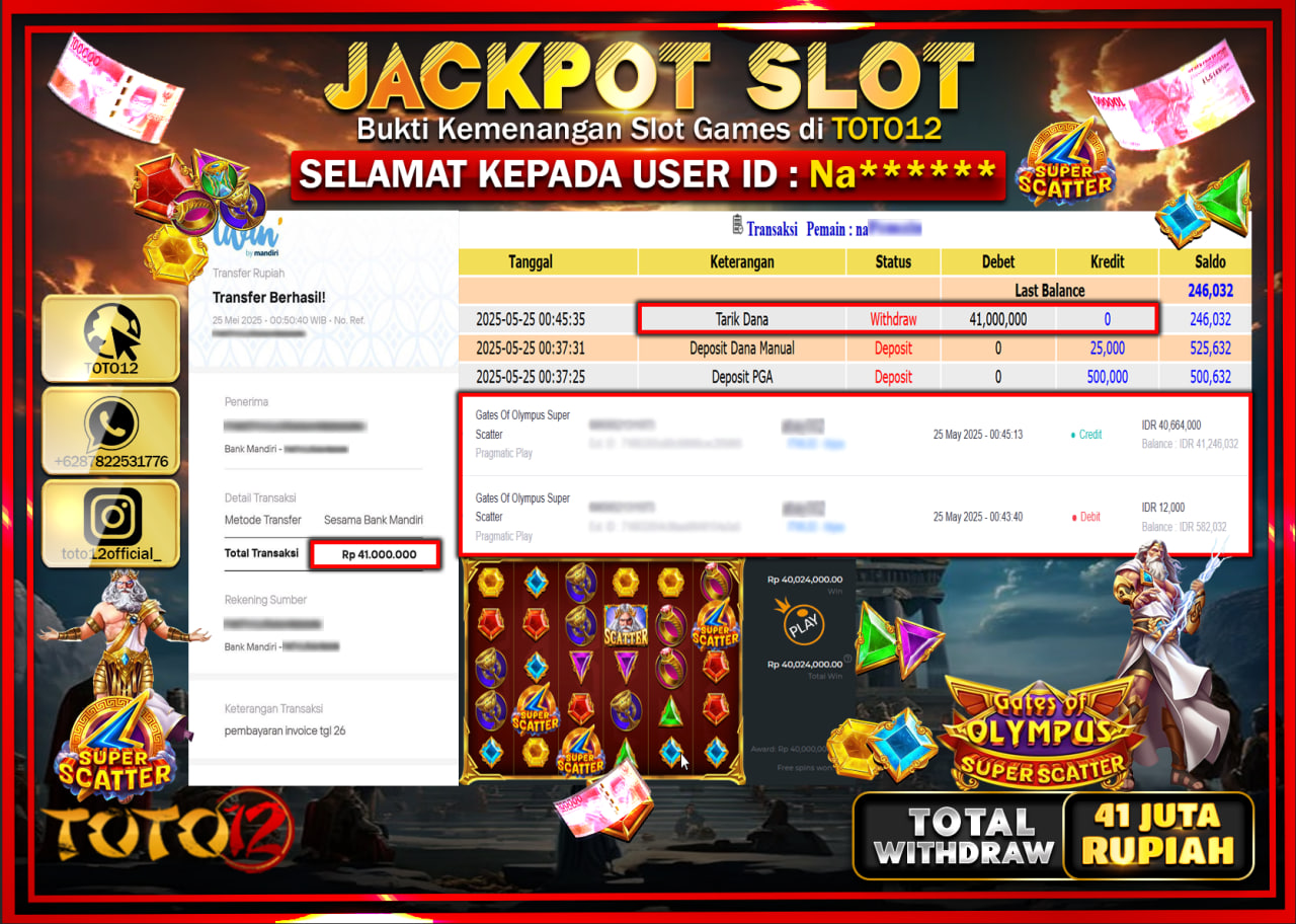 HANYA DI TOTO12 JP PASTI DI BAYAR LUNAS DAN CEPAT!!!!!! JACKPOT SLOT GAME (GATES OF OLYMPUS SUPER SCATTER) Rp.41.000.000 !!!!