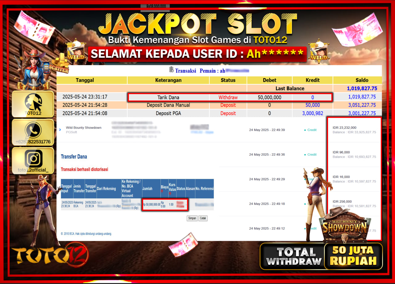 HANYA DI TOTO12 JP PASTI DI BAYAR LUNAS DAN CEPAT!!!!!! JACKPOT SLOT GAME (WILD BOUNTY SHOWDOWN) Rp.50.000.000 !!!!