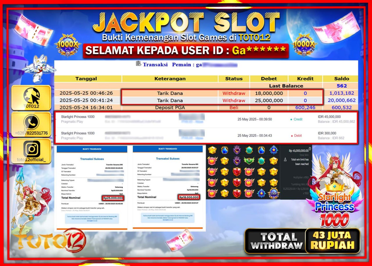 HANYA DI TOTO12 JP PASTI DI BAYAR LUNAS DAN CEPAT!!!!!! JACKPOT SLOT GAME (STARLIGHT PRINCESS 1000) Rp.43.000.000 !!!!