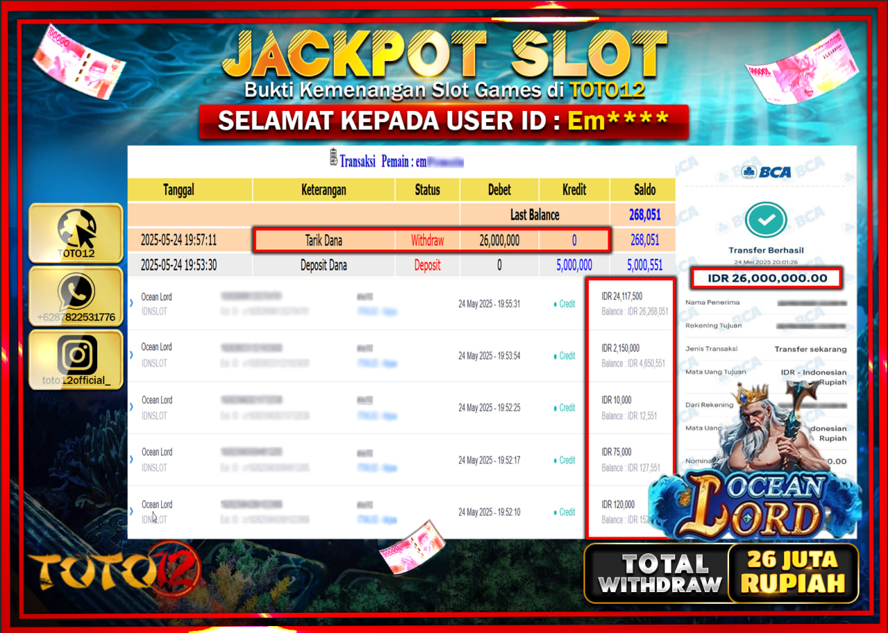 HANYA DI TOTO12 JP PASTI DI BAYAR LUNAS DAN CEPAT!!!!!! JACKPOT SLOT GAME (OCEAN LORD) Rp.26.000.000 !!!!