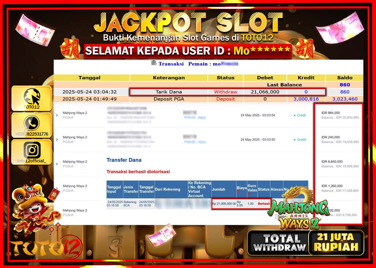 HANYA DI TOTO12 JP PASTI DI BAYAR LUNAS DAN CEPAT!!!!!! JACKPOT SLOT GAME (MAHJONG WAYS 2) Rp.21.000.000 !!!!