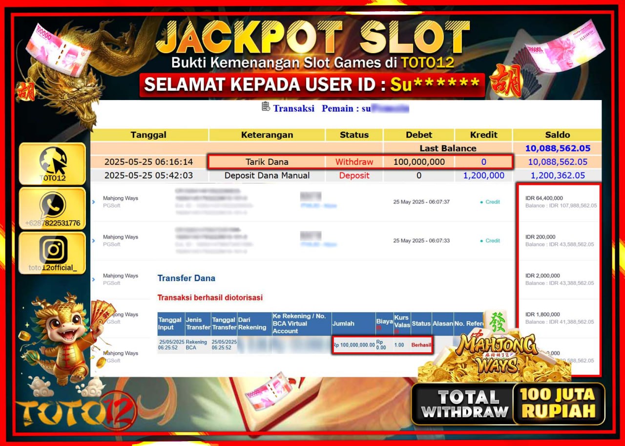 HANYA DI TOTO12 JP PASTI DI BAYAR LUNAS DAN CEPAT!!!!!! JACKPOT SLOT GAME (MAHJONG WAYS) Rp.100.000.000 !!!!