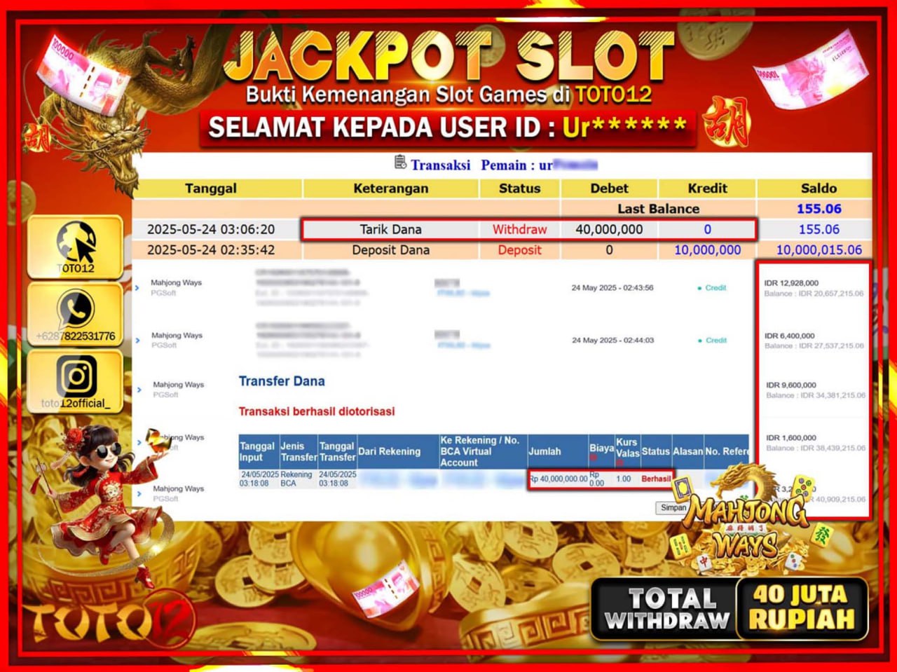 HANYA DI TOTO12 JP PASTI DI BAYAR LUNAS DAN CEPAT!!!!!! JACKPOT SLOT GAME (MAHJONG WAYS) Rp.40.000.000 !!!!