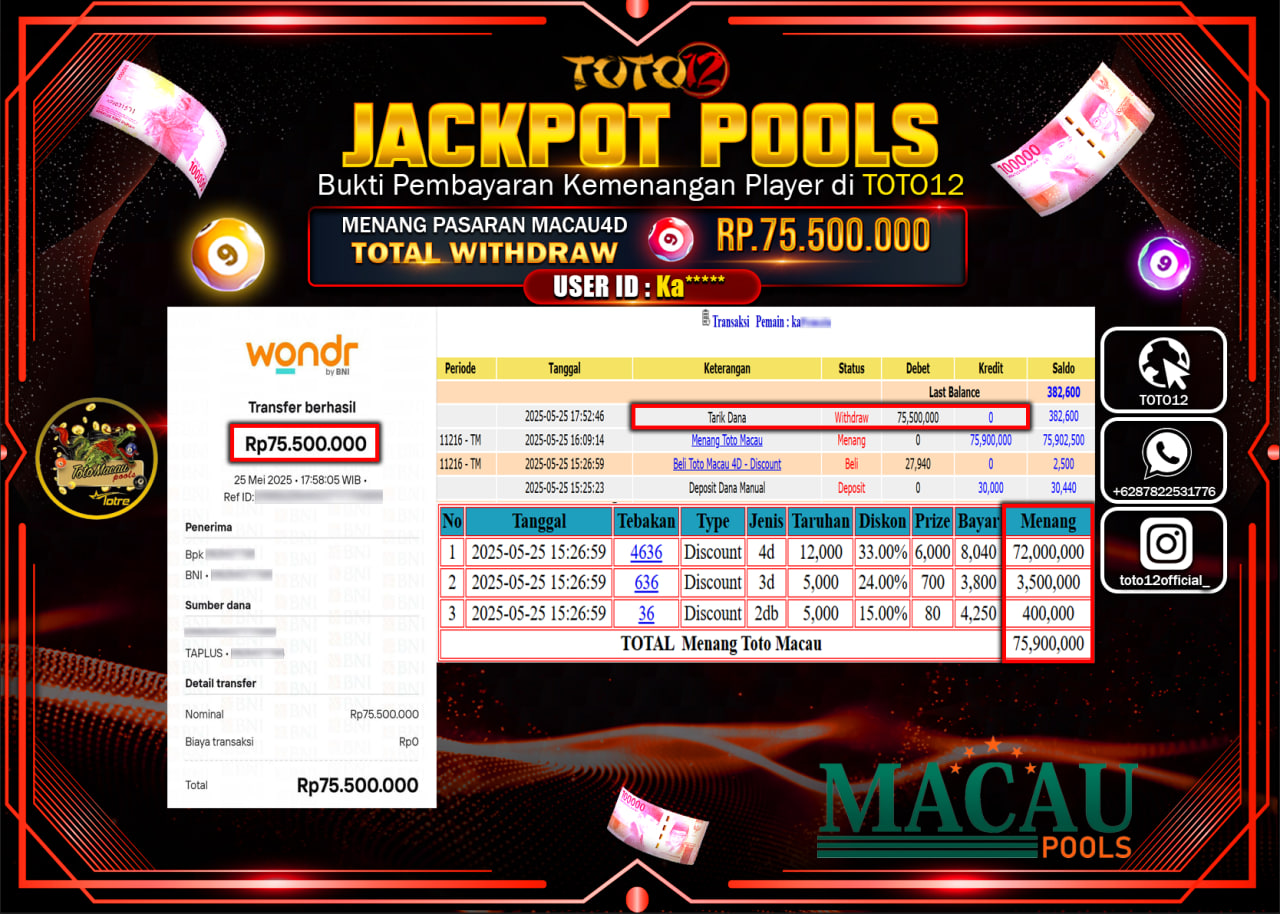 HANYA DI TOTO12 JP PASTI DI BAYAR LUNAS DAN CEPAT!!!!!! JACKPOT POOLS PASARAN (TOTO MACAU4D) Rp.75.500.000 !!!!