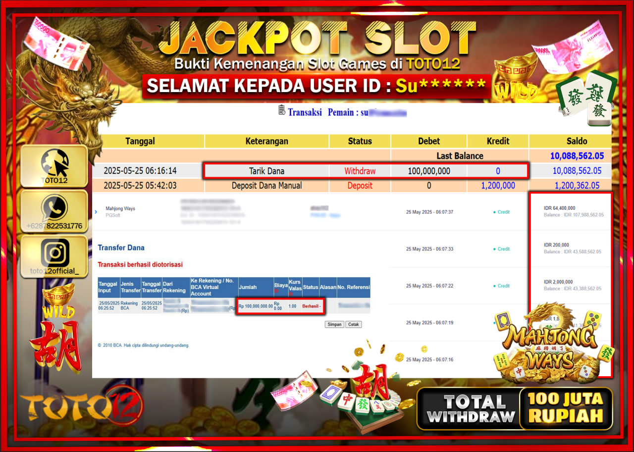HANYA DI TOTO12 JP PASTI DI BAYAR LUNAS DAN CEPAT!!!!!! JACKPOT SLOT GAME (MAHJONG WAYS) Rp.100.000.000 !!!!