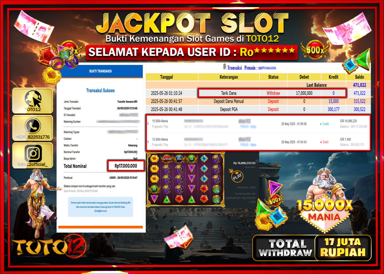 HANYA DI TOTO12 JP PASTI DI BAYAR LUNAS DAN CEPAT!!!!!! JACKPOT SLOT GAME (15.000X MANIA) Rp.17.000.000 !!!!
