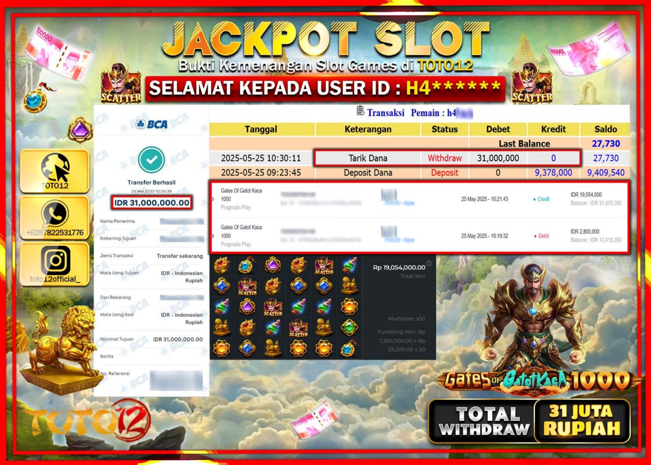 HANYA DI TOTO12 JP PASTI DI BAYAR LUNAS DAN CEPAT!!!!!! JACKPOT SLOT GAME (GATES OF GATOT KACA 1000) Rp.31.000.000 !!!!