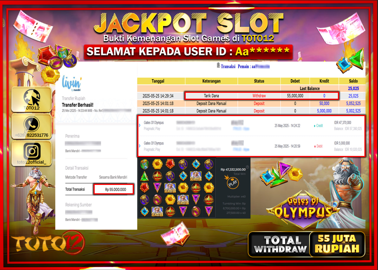 HANYA DI TOTO12 JP PASTI DI BAYAR LUNAS DAN CEPAT!!!!!! JACKPOT SLOT GAME (GATES OF OLYMPUS) Rp.55.000.000 !!!!