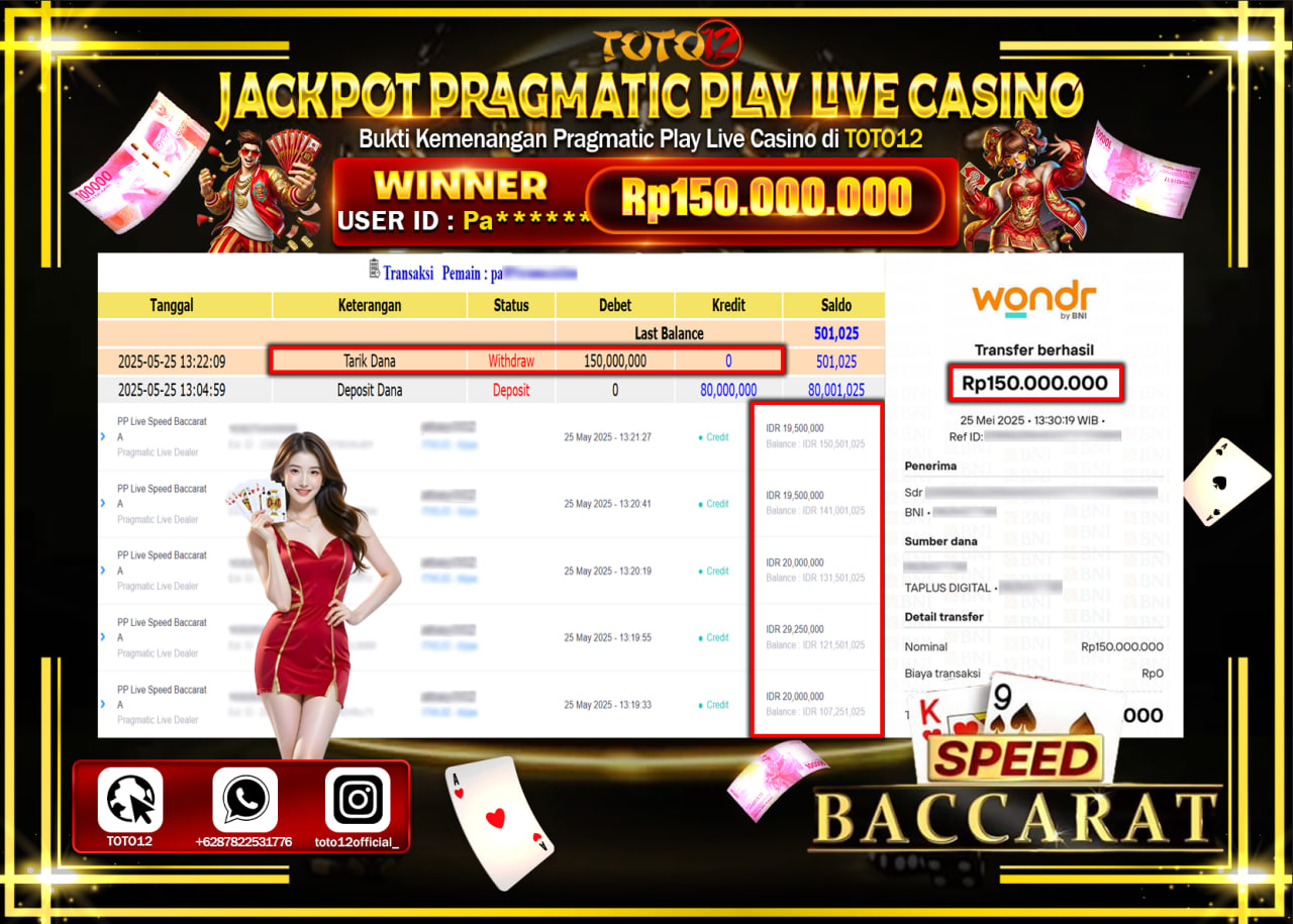 HANYA DI TOTO12 JP PASTI DI BAYAR LUNAS DAN CEPAT!!!!!! JACKPOT PRAGMATIC PLAY LIVE CASINO (SPEED BACCARAT) Rp.150.000.000 !!!!
