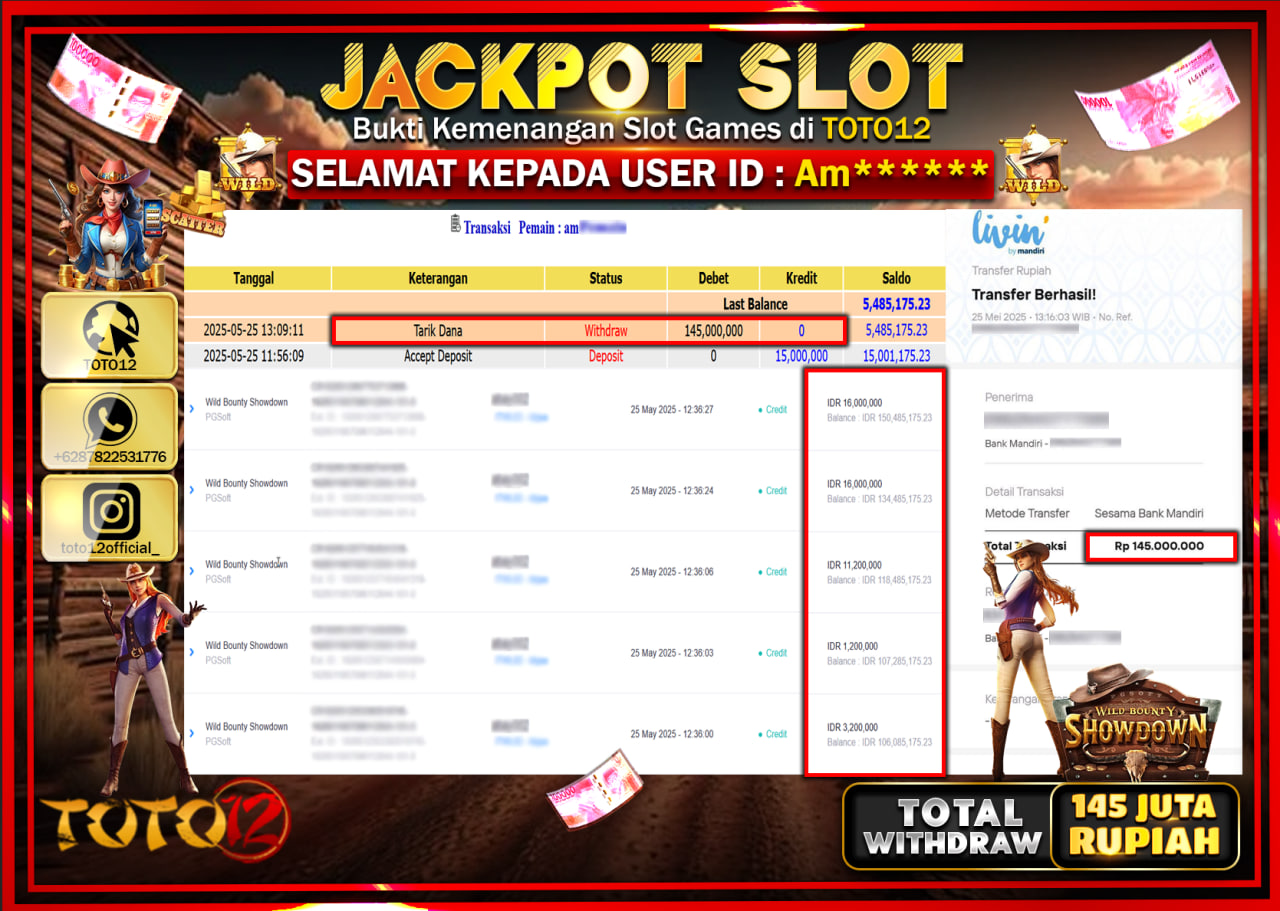 HANYA DI TOTO12 JP PASTI DI BAYAR LUNAS DAN CEPAT!!!!!! JACKPOT SLOT GAME (WILD BOUNTY SHOWDOWN) Rp.145.000.000 !!!!