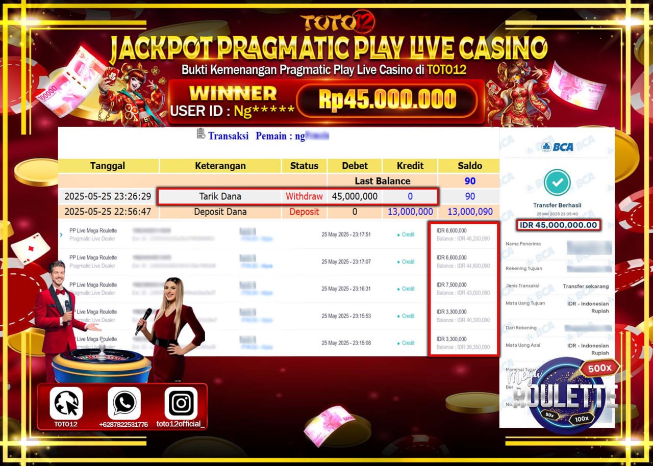 HANYA DI TOTO12 JP PASTI DI BAYAR LUNAS DAN CEPAT!!!!!! JACKPOT PRAGMATIC PRAGMATIC PLAY LIVE CASINO (MEGA ROULETTE) Rp.45.000.000 !!!!