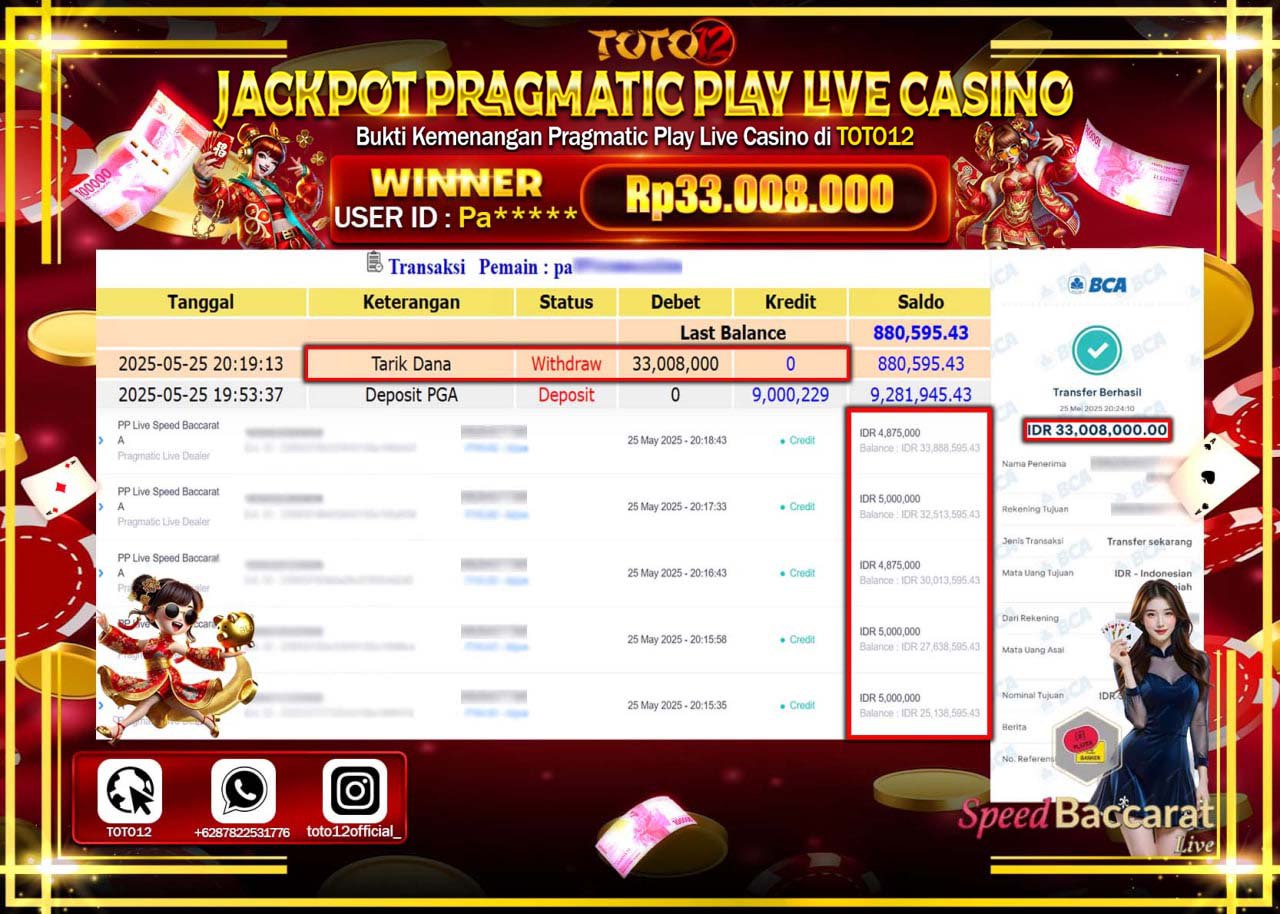 HANYA DI TOTO12 JP PASTI DI BAYAR LUNAS DAN CEPAT!!!!!! JACKPOT PRAGMATIC PLAY LIVE CASINO (SPEED BACCARAT) Rp.33.008.000 !!!!