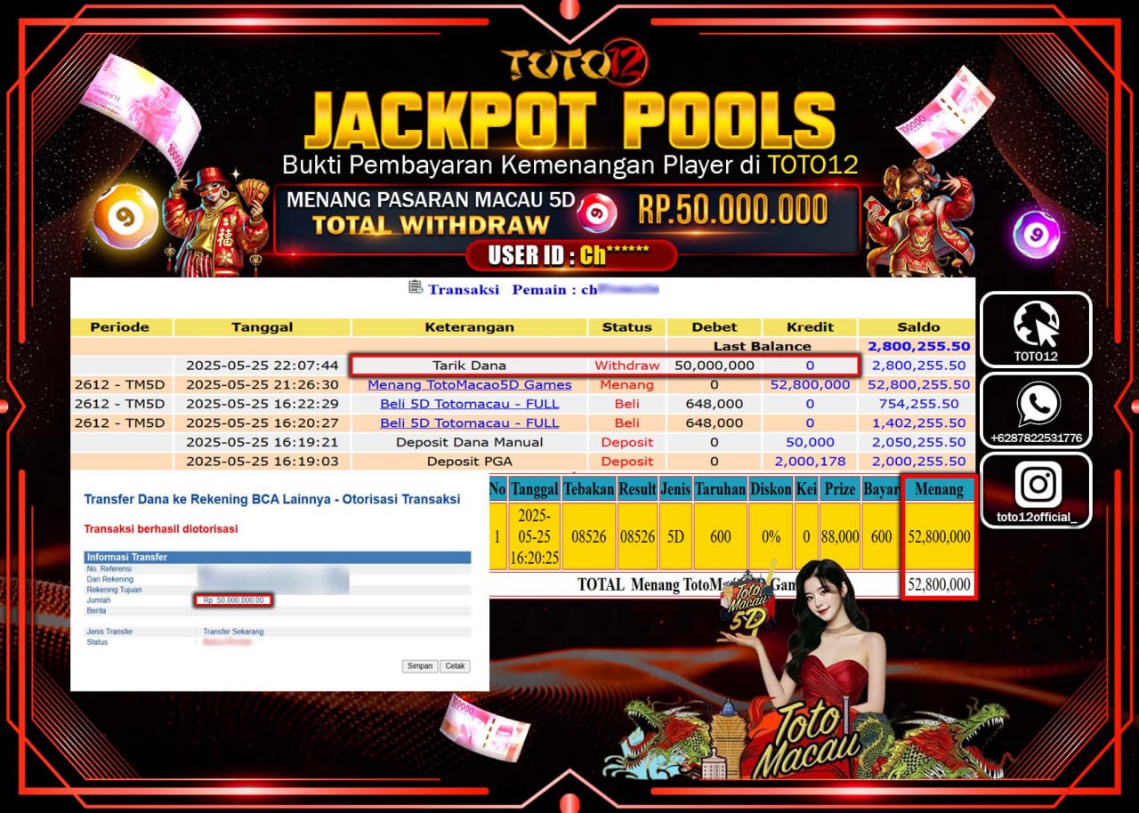 HANYA DI TOTO12 JP PASTI DI BAYAR LUNAS DAN CEPAT!!!!!! JACKPOT POOLS PASARAN (TOTO MACAU5D) Rp.50.000.000 !!!!