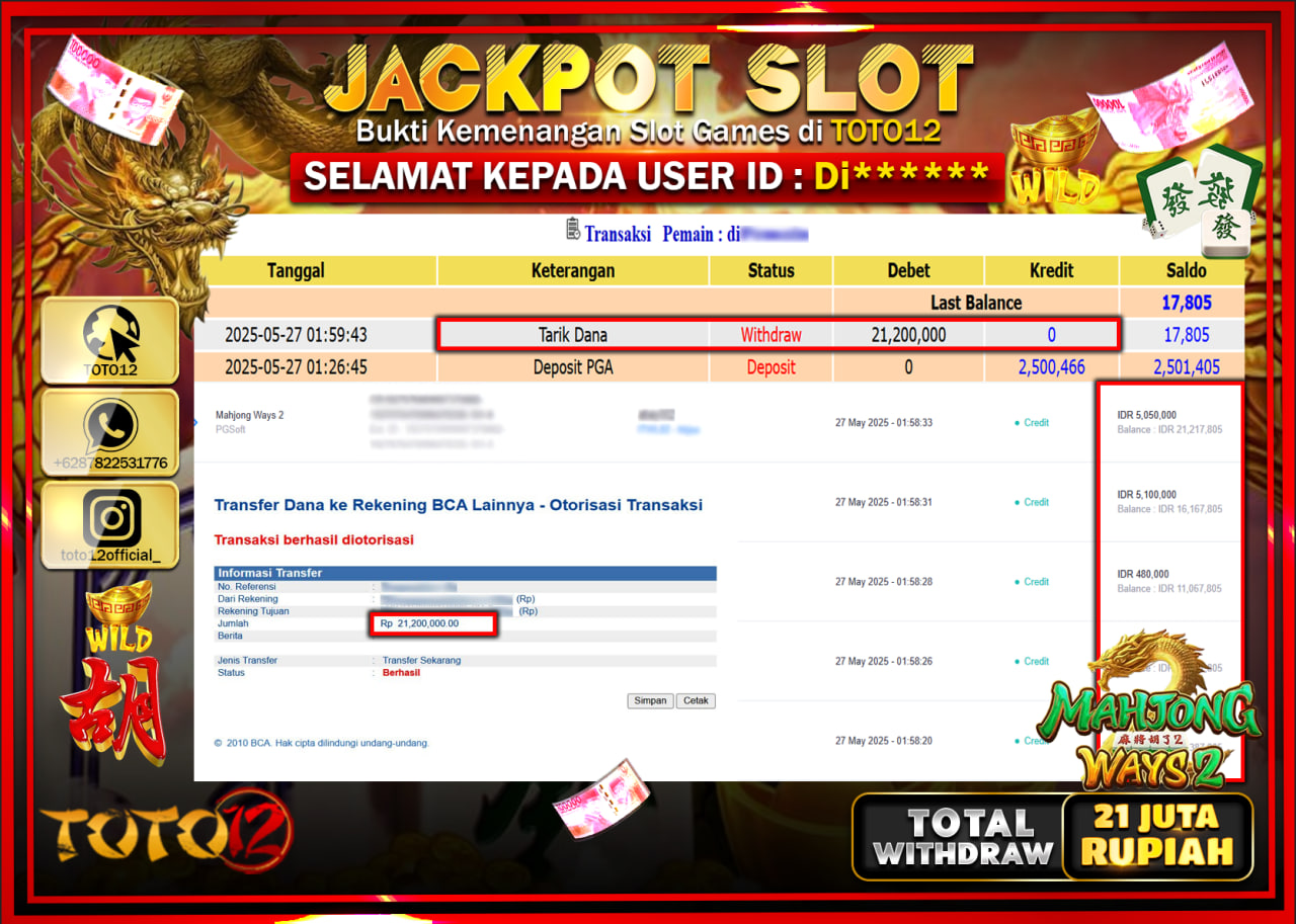 HANYA DI TOTO12 JP PASTI DI BAYAR LUNAS DAN CEPAT!!!!!! JACKPOT SLOT GAME (MAHJONG WAYS 2) Rp.21.000.000 !!!!