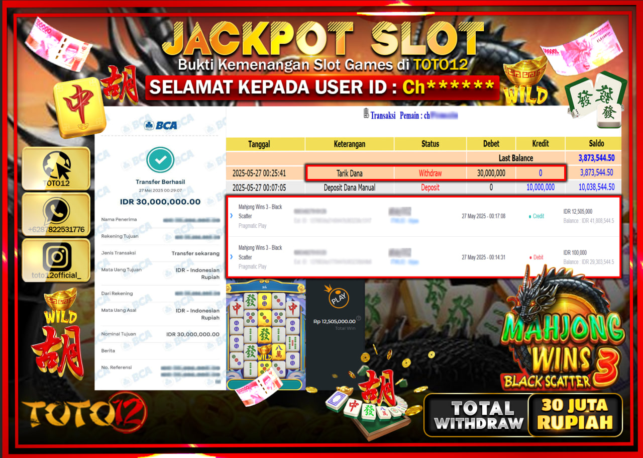 HANYA DI TOTO12 JP PASTI DI BAYAR LUNAS DAN CEPAT!!!!!! JACKPOT SLOT GAME (MAHJONG WINS 3 BLACK SCATTER) Rp.30.000.000 !!!!