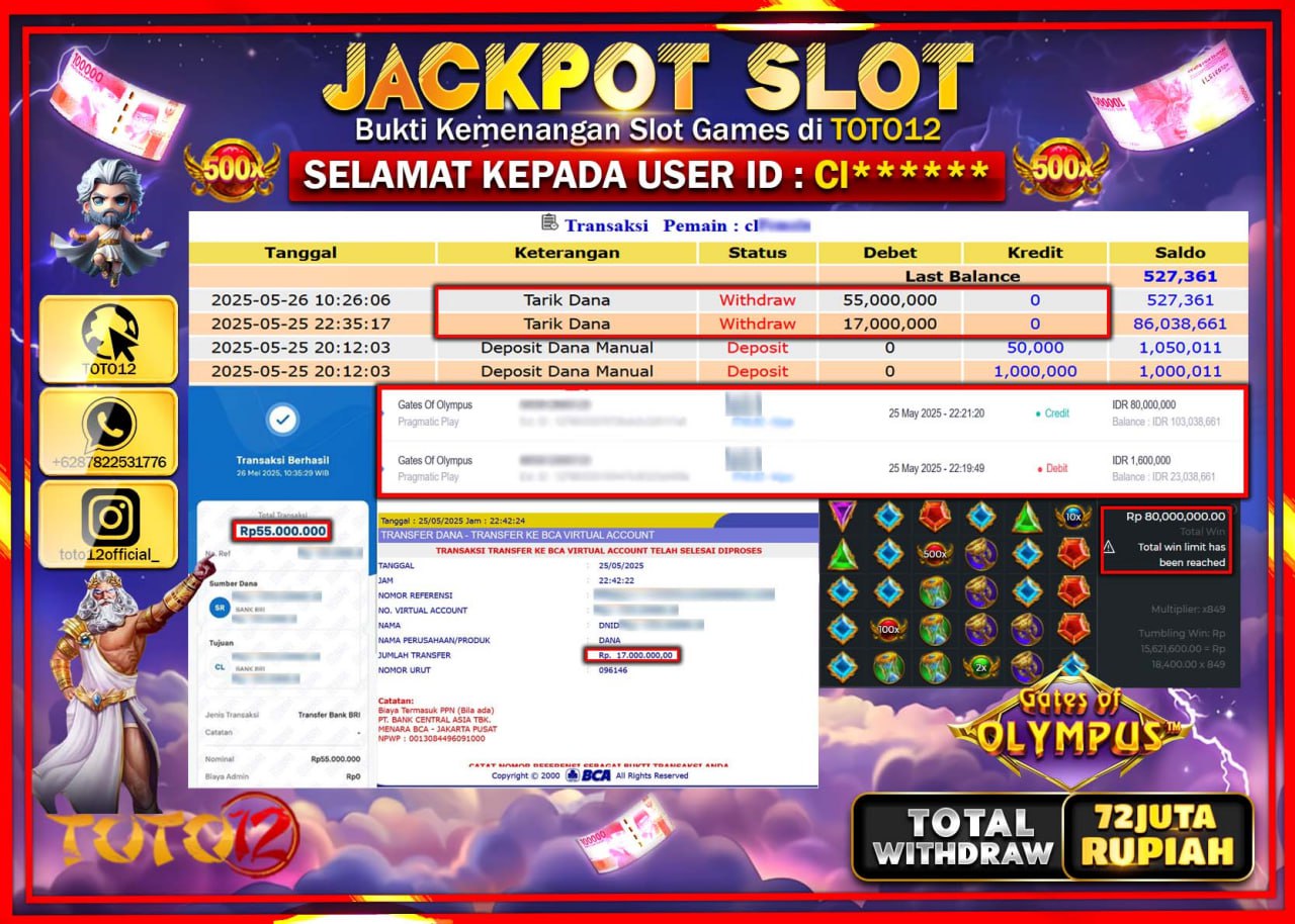 HANYA DI TOTO12 JP PASTI DI BAYAR LUNAS DAN CEPAT!!!!!! JACKPOT SLOT GAME (GATES OF OLYMPUS) Rp.72.000.000 !!!!