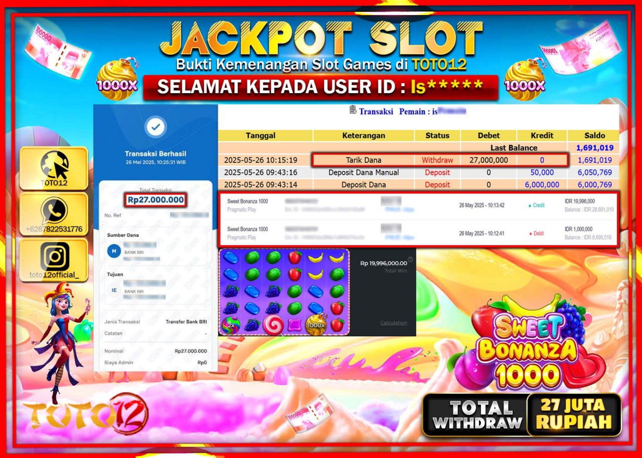 HANYA DI TOTO12 JP PASTI DI BAYAR LUNAS DAN CEPAT!!!!!! JACKPOT SLOT GAME (SWEET BONANZA 1000) Rp.27.000.000 !!!!