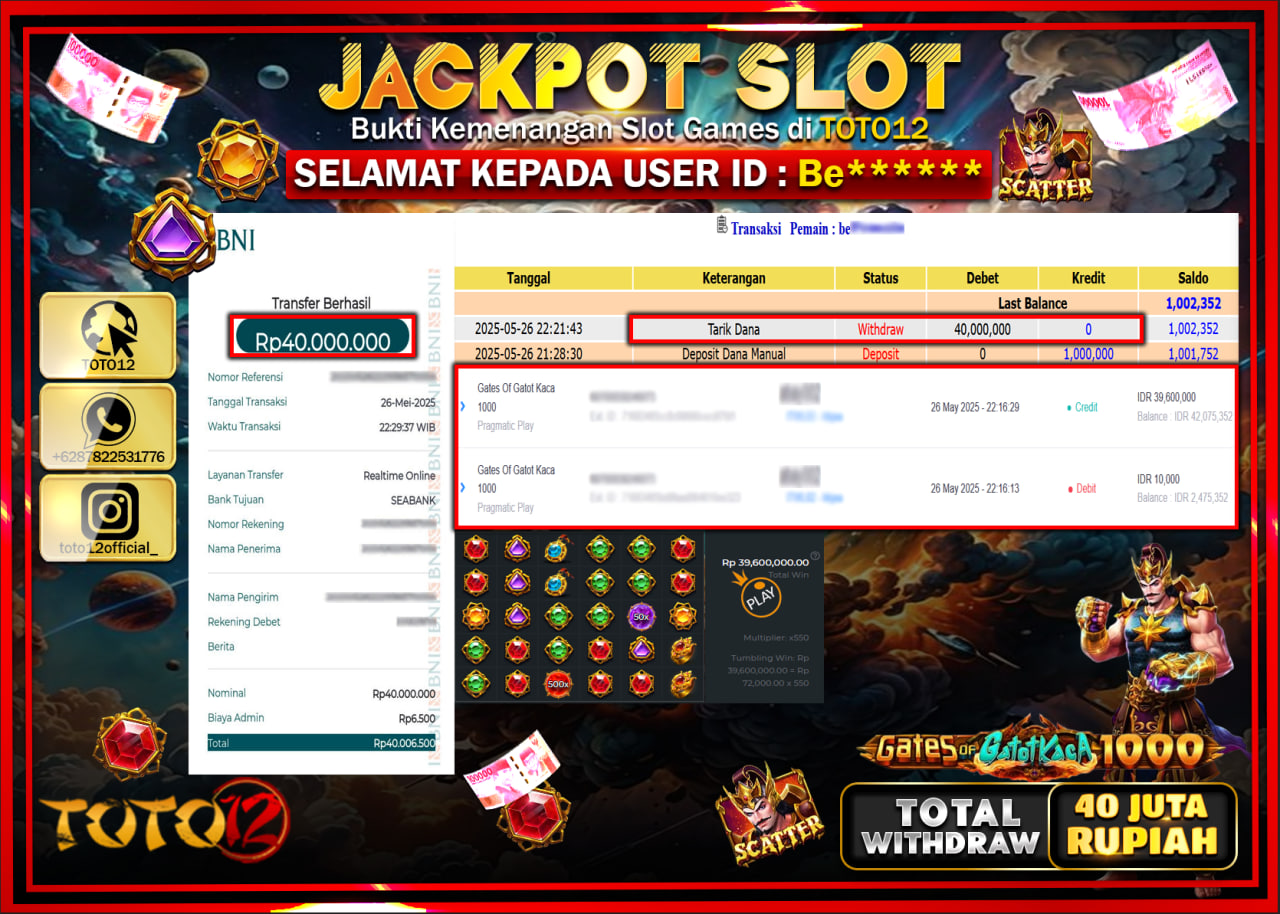 HANYA DI TOTO12 JP PASTI DI BAYAR LUNAS DAN CEPAT!!!!!! JACKPOT SLOT GAME (GATES OF GATOT KACA 1000) Rp.40.000.000 !!!!