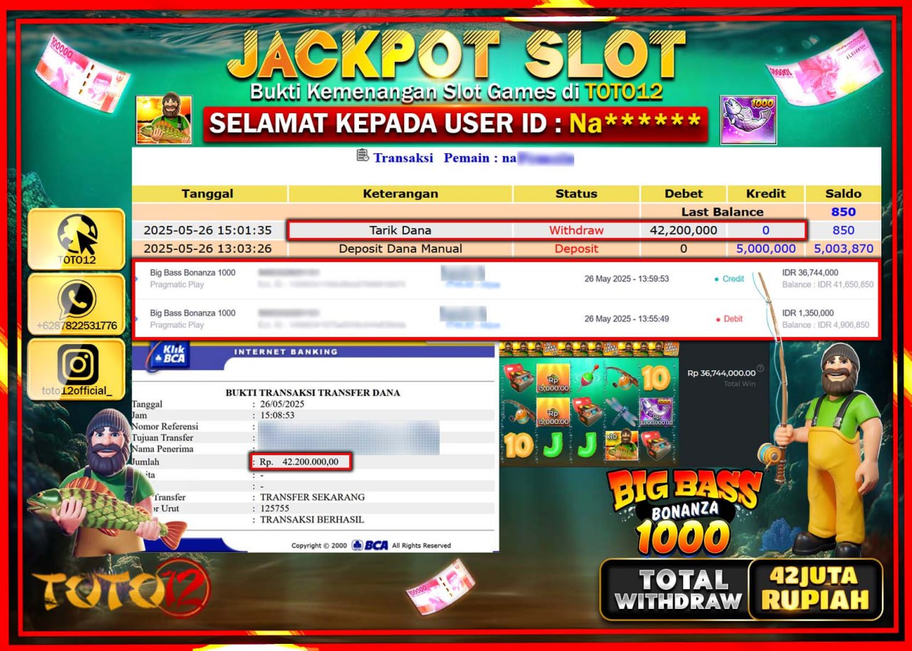 HANYA DI TOTO12 JP PASTI DI BAYAR LUNAS DAN CEPAT!!!!!! JACKPOT SLOT GAME (BIG BASS BONANZA 1000) Rp.42.000.000 !!!!