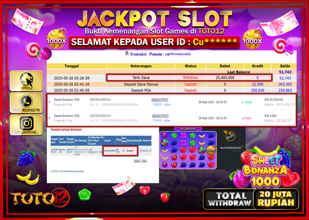 HANYA DI TOTO12 JP PASTI DI BAYAR LUNAS DAN CEPAT!!!!!! JACKPOT SLOT GAME (SWEET BONANZA 1000) Rp.20.000.000 !!!!