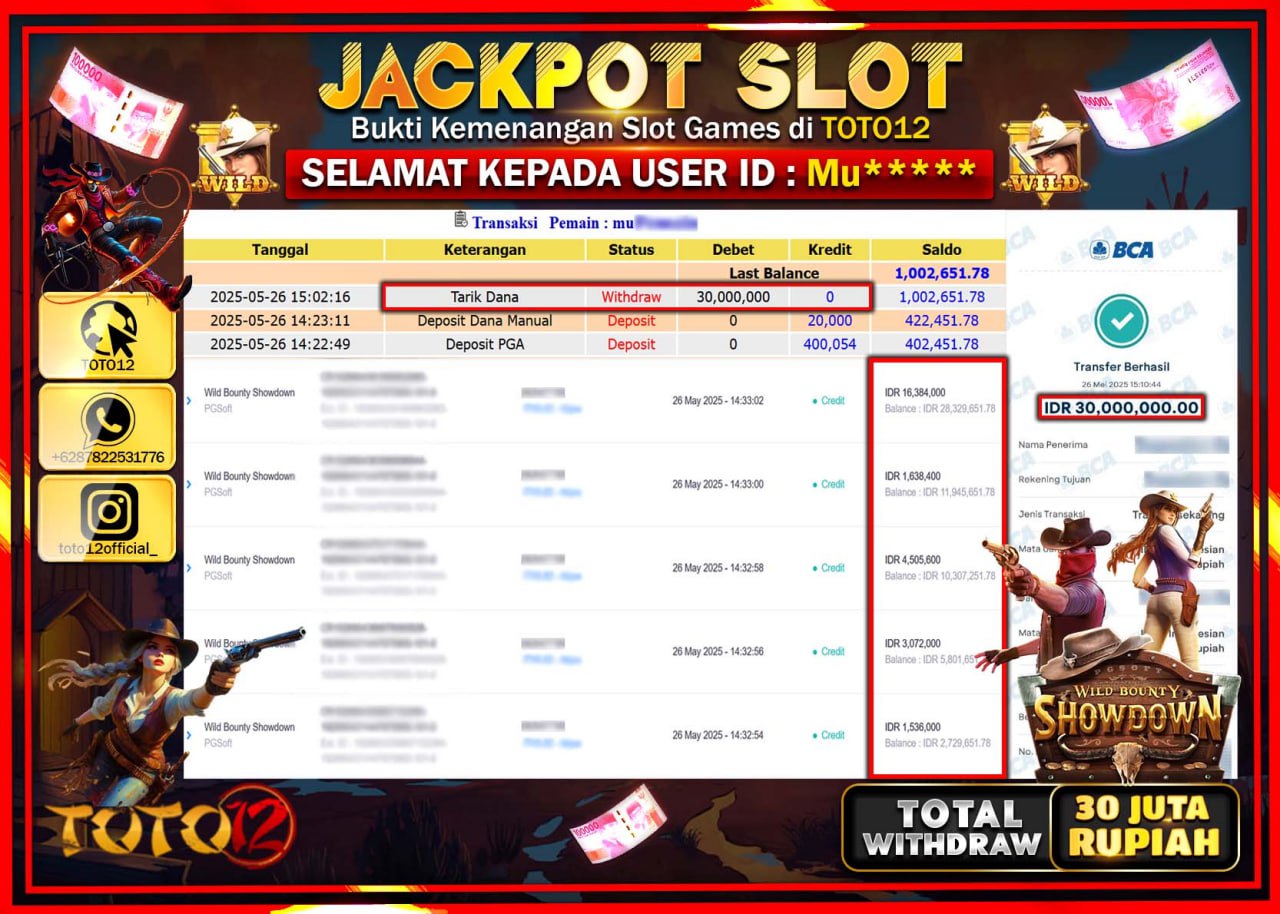 HANYA DI TOTO12 JP PASTI DI BAYAR LUNAS DAN CEPAT!!!!!! JACKPOT SLOT GAME (WILD BOUNTY SHOWDOWN) Rp.30.000.000 !!!!