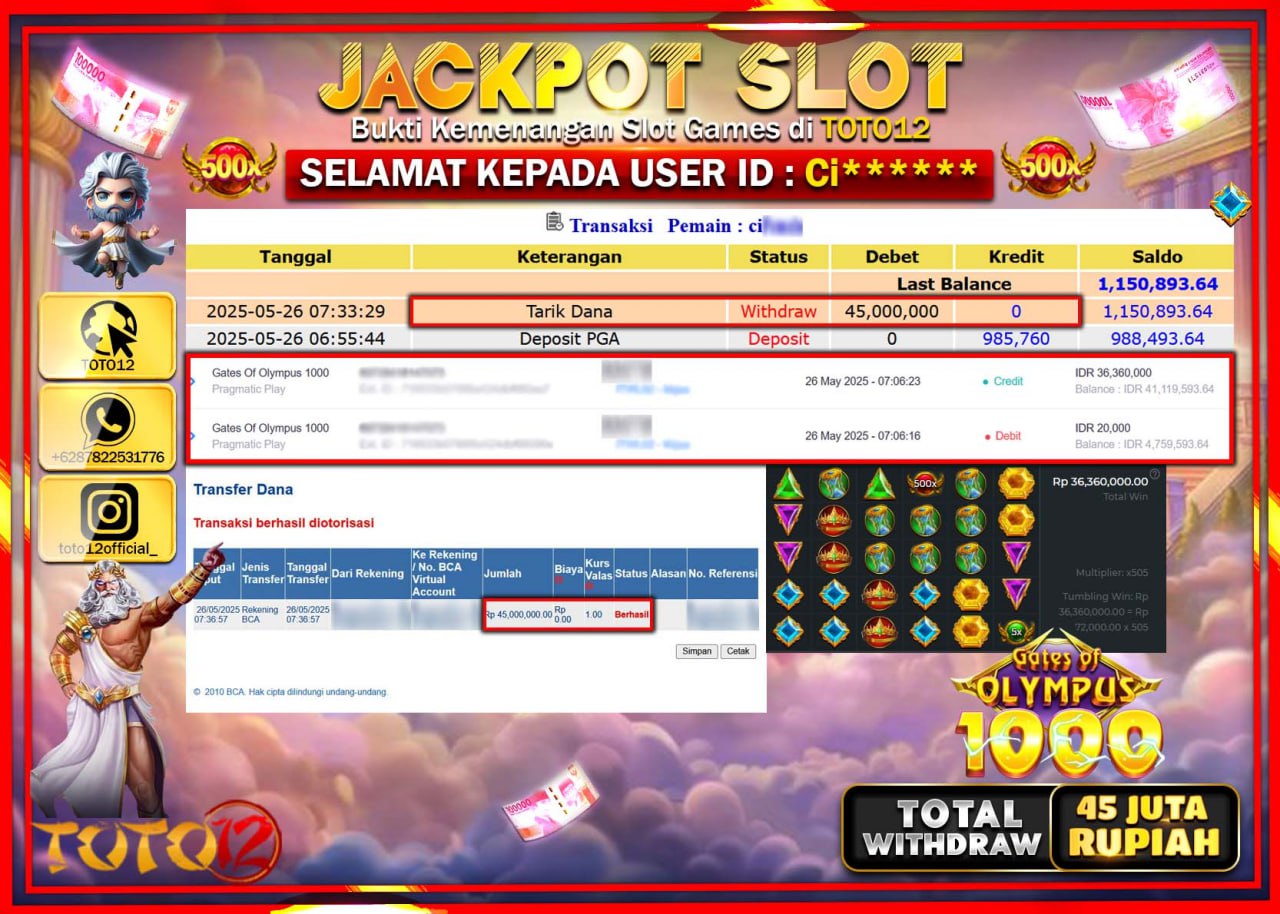 HANYA DI TOTO12 JP PASTI DI BAYAR LUNAS DAN CEPAT!!!!!! JACKPOT SLOT GAME (GATES OF OLYMPUS 1000) Rp.45.000.000 !!!!