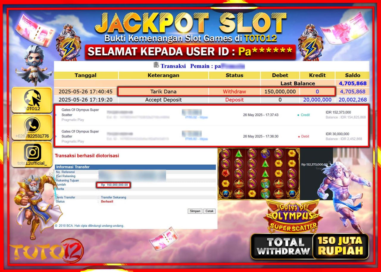 HANYA DI TOTO12 JP PASTI DI BAYAR LUNAS DAN CEPAT!!!!!! JACKPOT SLOT GAME (GATES OF OLYMPUS SUPER SCATTER) Rp.150.000.000 !!!!