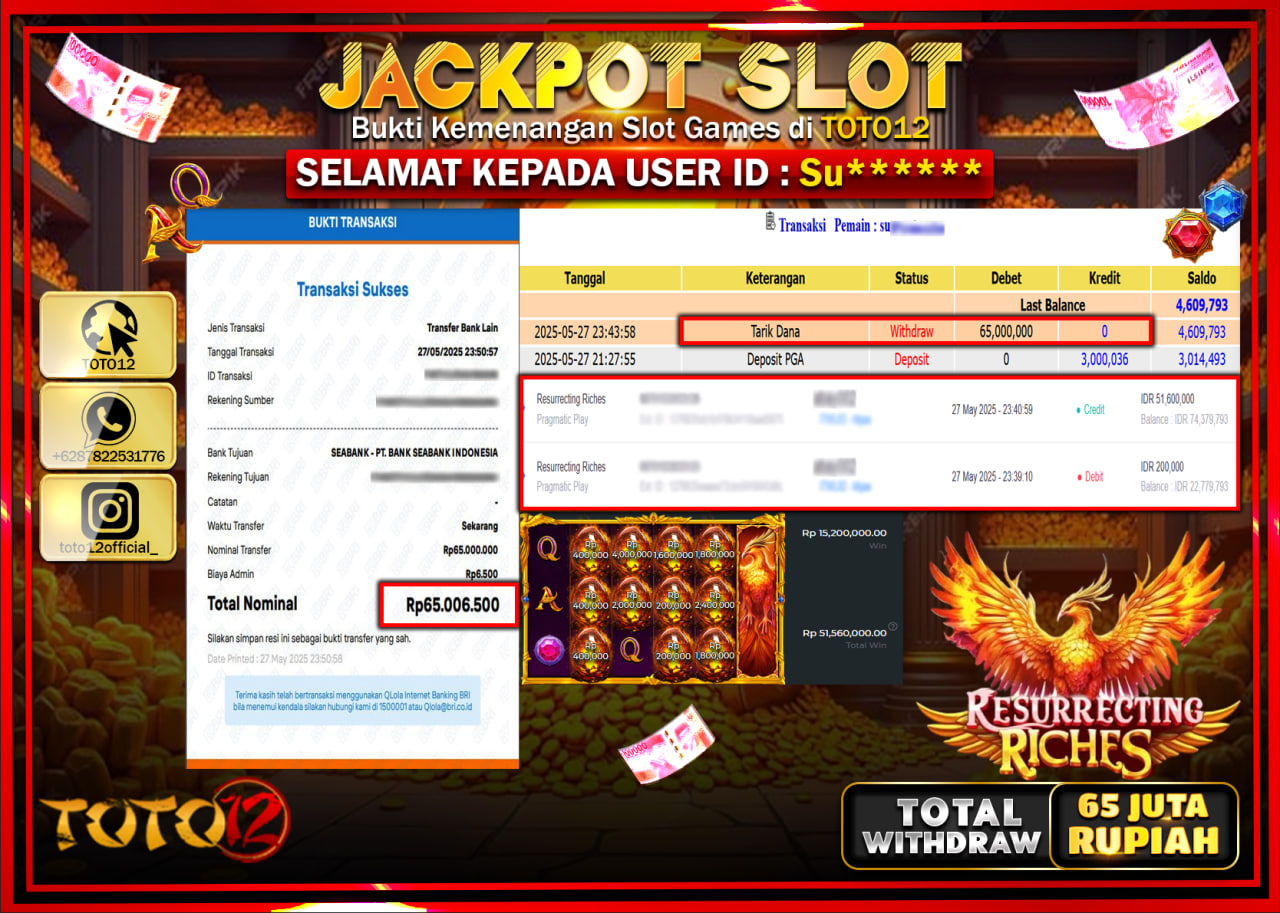 HANYA DI TOTO12 JP PASTI DI BAYAR LUNAS DAN CEPAT!!!!!! JACKPOT SLOT GAME (RESURRECTING RICHES) Rp.65.000.000 !!!!