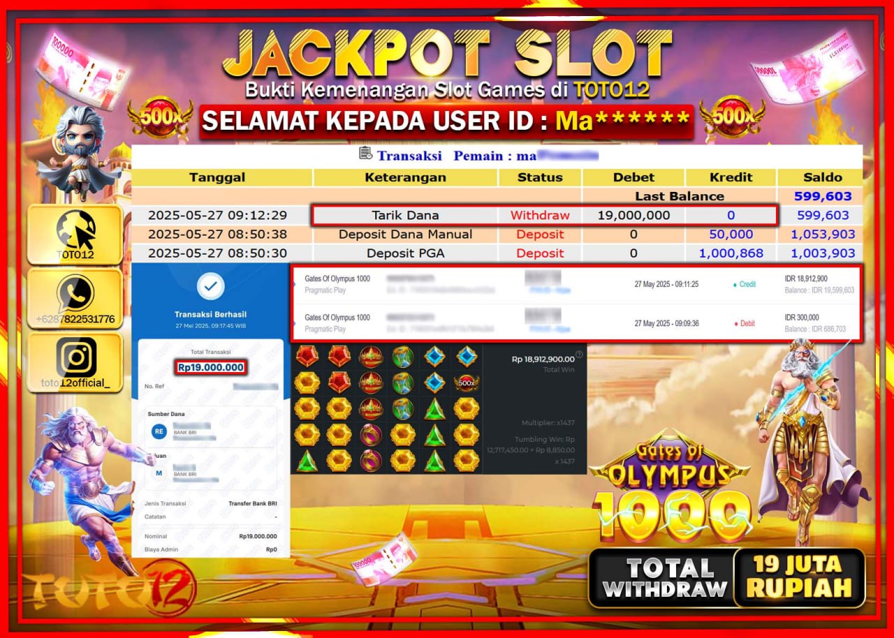 HANYA DI TOTO12 JP PASTI DI BAYAR LUNAS DAN CEPAT!!!!!! JACKPOT SLOT GAME (GATES OF OLYMPUS 1000) Rp.19.000.000 !!!!