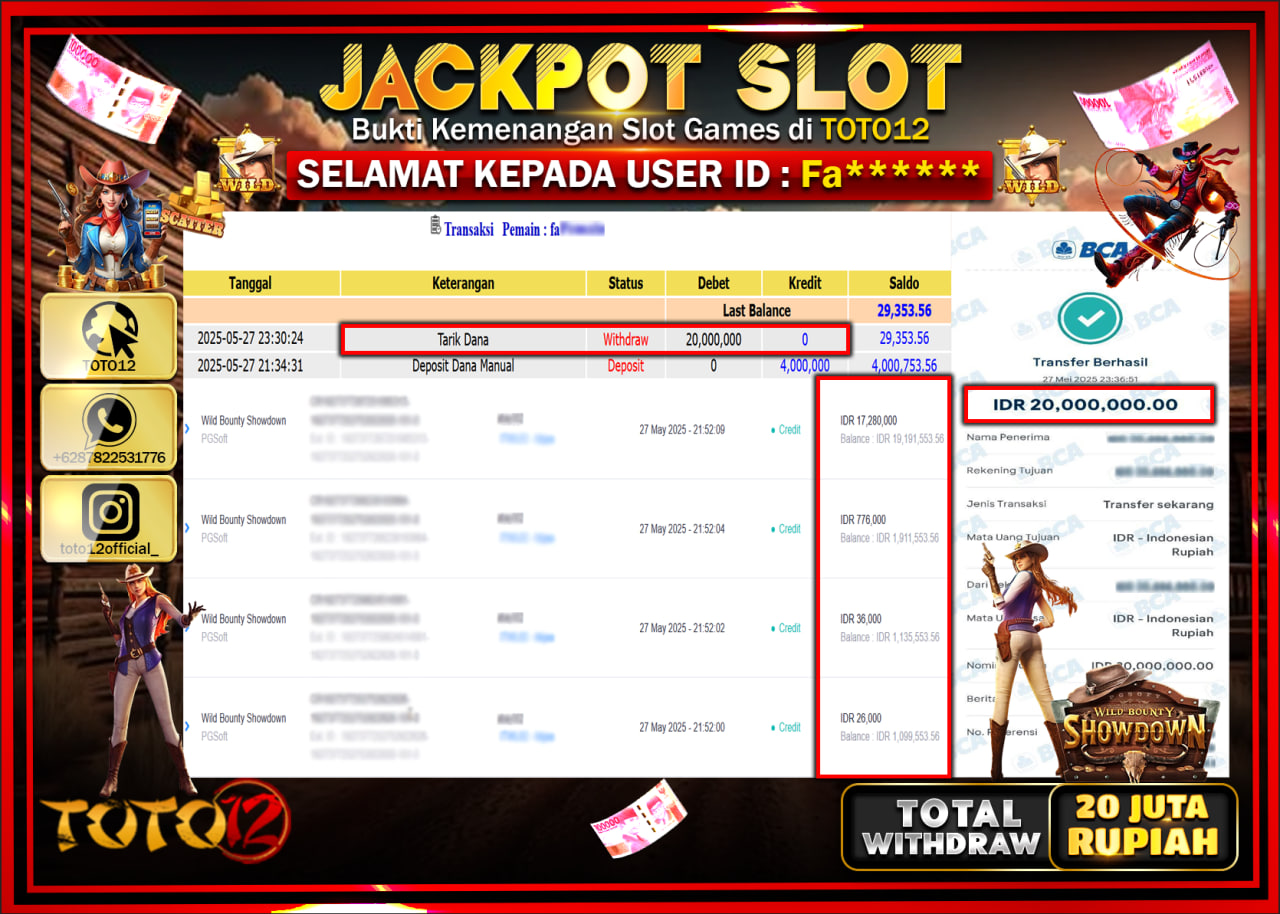 HANYA DI TOTO12 JP PASTI DI BAYAR LUNAS DAN CEPAT!!!!!! JACKPOT SLOT GAME (WILD BOUNTY SHOWDOWN) Rp.20.000.000 !!!!