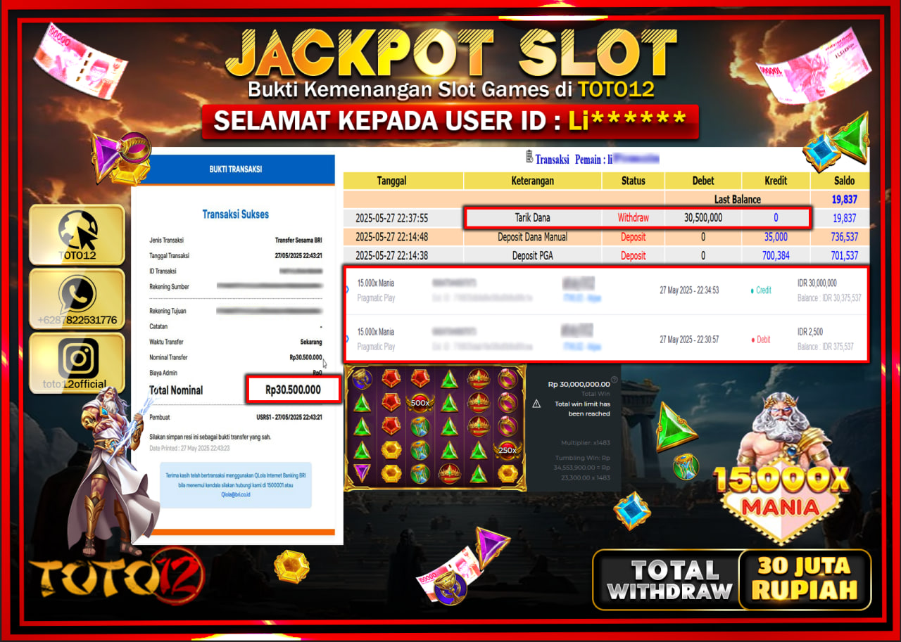 HANYA DI TOTO12 JP PASTI DI BAYAR LUNAS DAN CEPAT!!!!!! JACKPOT SLOT GAME (15.000X MANIA) Rp.30.000.000 !!!!