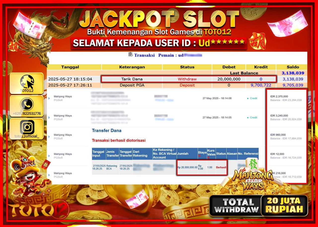 HANYA DI TOTO12 JP PASTI DI BAYAR LUNAS DAN CEPAT!!!!!! JACKPOT SLOT GAME (MAHJONG WAYS) Rp.20.000.000 !!!!