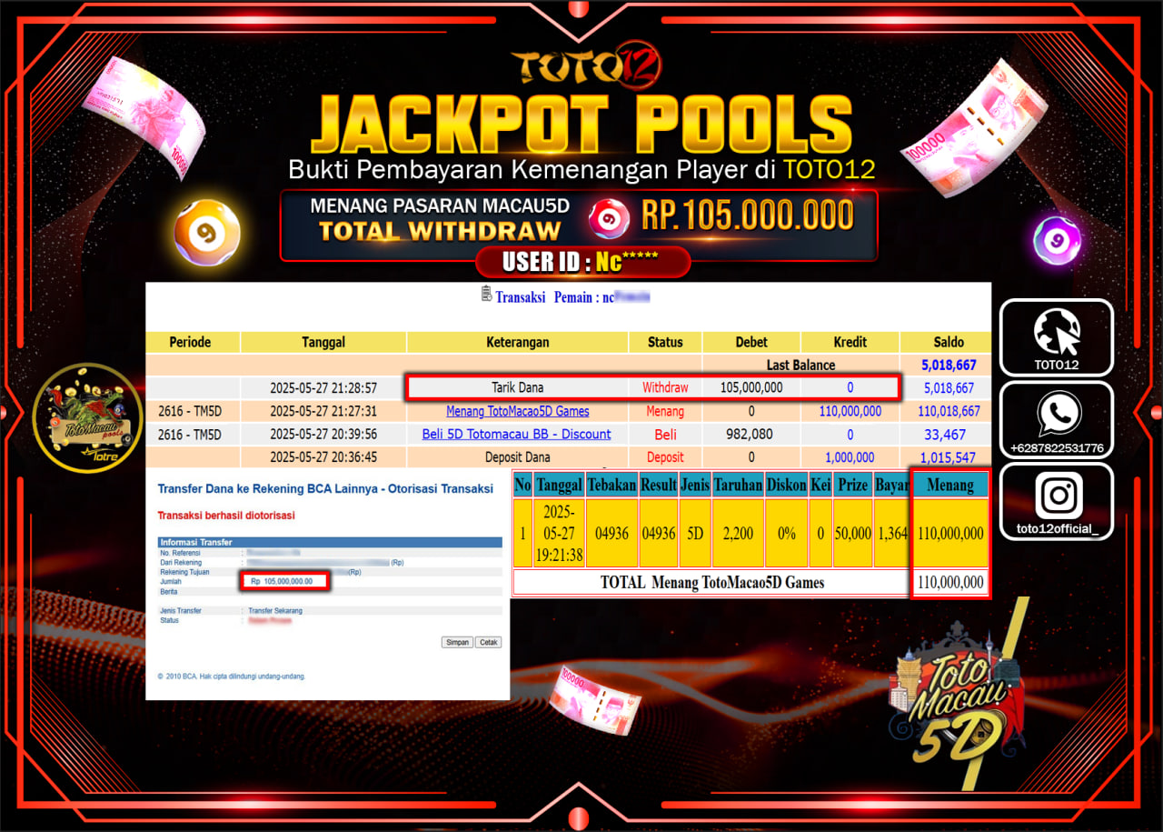 HANYA DI TOTO12 JP PASTI DI BAYAR LUNAS DAN CEPAT!!!!!! JACKPOT POOLS PASARAN (TOTO MACAU5D) Rp.105.000.000 !!!!