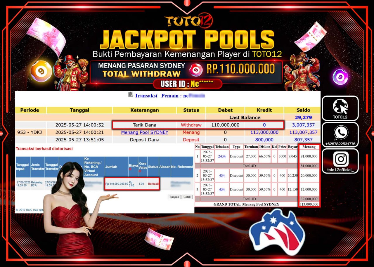 HANYA DI TOTO12 JP PASTI DI BAYAR LUNAS DAN CEPAT!!!!!! JACKPOT POOLS PASARAN (SYDNEY) Rp.110.000.000 !!!!