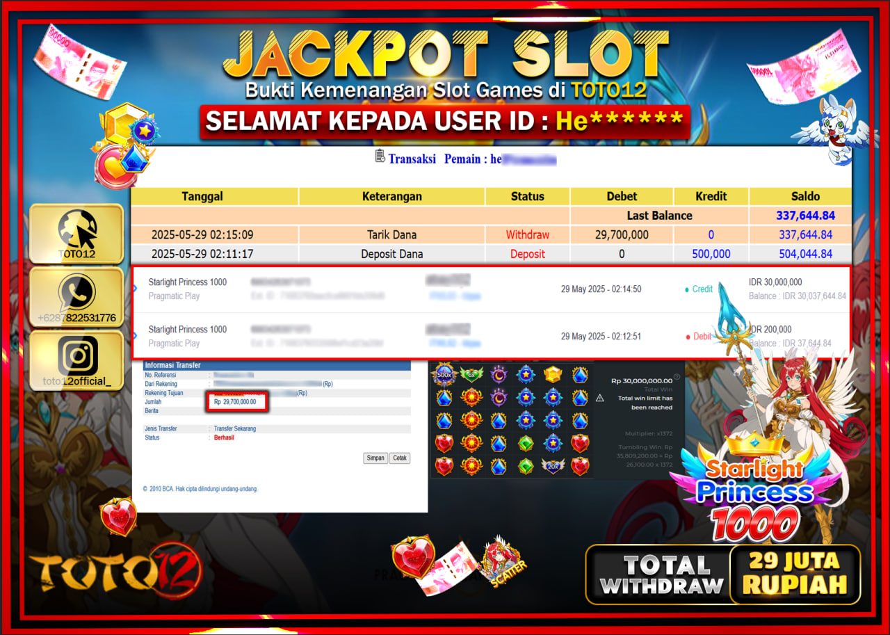 HANYA DI TOTO12 JP PASTI DI BAYAR LUNAS DAN CEPAT!!!!!! JACKPOT SLOT GAME (STARLIGHT PRINCESS 1000) Rp.29.000.000 !!!!