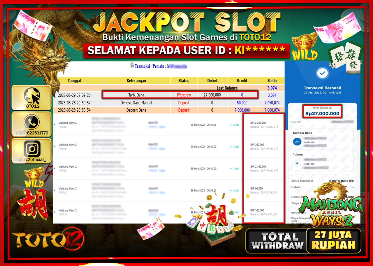 HANYA DI TOTO12 JP PASTI DI BAYAR LUNAS DAN CEPAT!!!!!! JACKPOT SLOT GAME (MAHJONG WAYS 2) Rp.27.000.000 !!!!