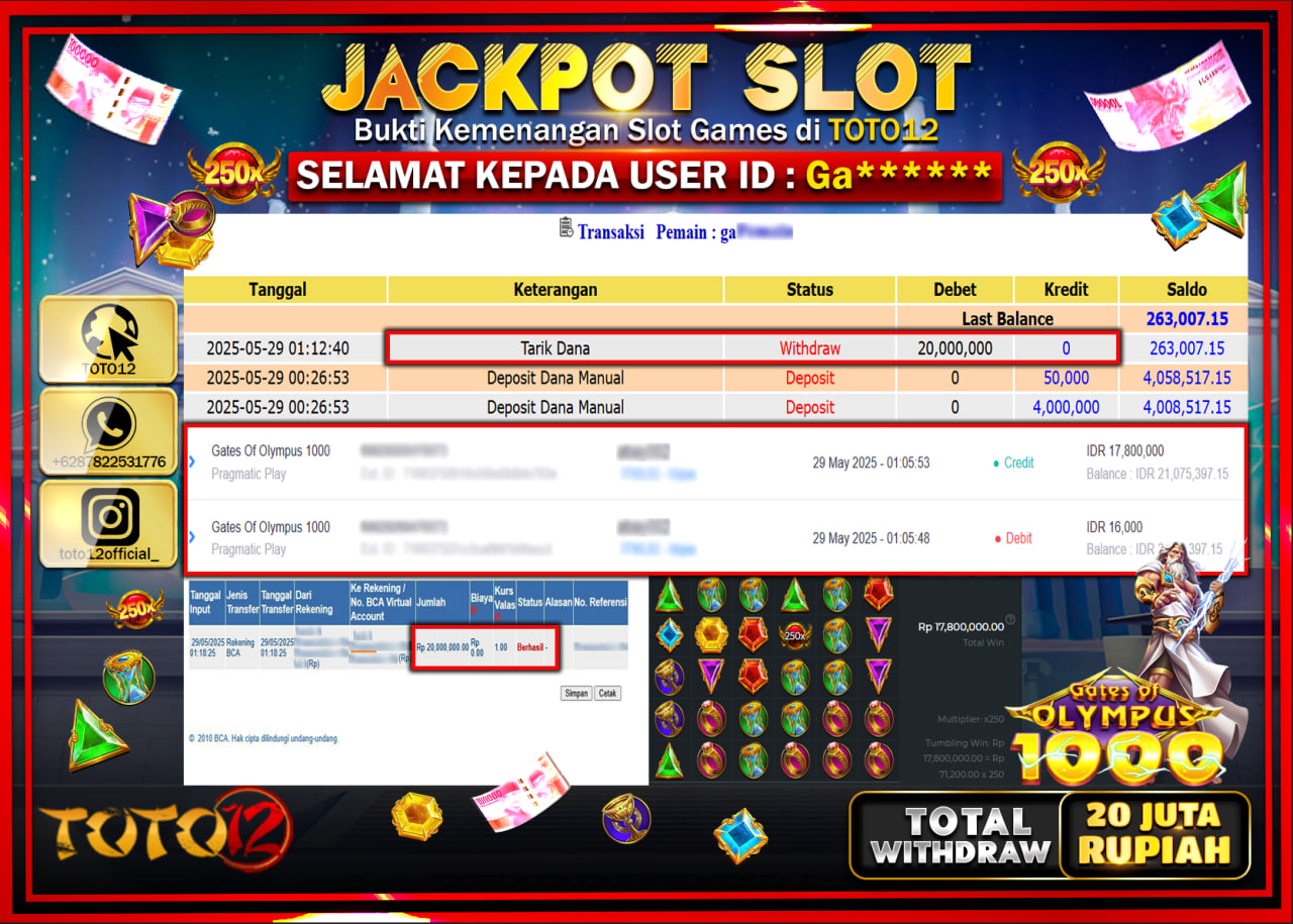 HANYA DI TOTO12 JP PASTI DI BAYAR LUNAS DAN CEPAT!!!!!! JACKPOT SLOT GAME (GATES OF OLYMPUS 1000) Rp.20.000.000 !!!!