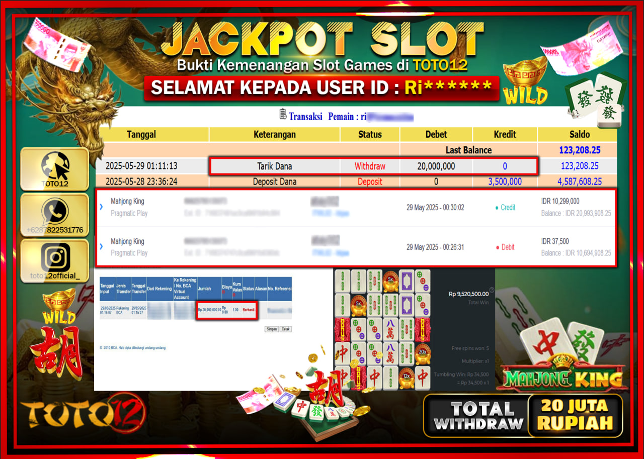 HANYA DI TOTO12 JP PASTI DI BAYAR LUNAS DAN CEPAT!!!!!! JACKPOT SLOT GAME (MAHJONG KING) Rp.20.000.000 !!!!